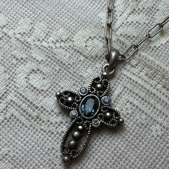 1928 Jewelry Co Blue Rhinestone Cross Necklace Antiqued Silver Tone Victorian - Picture 2 of 5